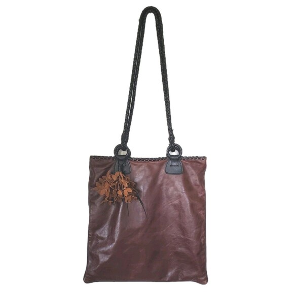 Anthony Luciano Wine Leather Tote Shoulder Bag Charm Penny Woven Trim Straps Lg - Picture 1 of 16